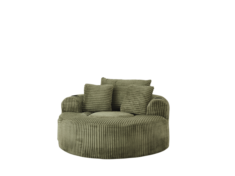 Fauteuil lounge rond en velours côtelé, 3 coussins, 2 porte-gobelets, rangement - Conforama A