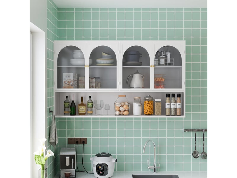  Armoire murale suspendue 120cm blanc en fer et verre à 4 portes avec vitrine  - Conforama C
