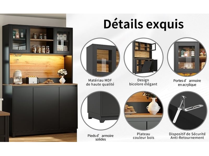  Servers, sideboards &amp; buffets - armoires de cuisine (120 × 40 × 180 cm) haute cuisine côté tacks buffets acrylique porte a - mdf+metal - noir - 120 x 40 x 180 cm - usage domestique - installation simple N620GG251011S - Conforama D