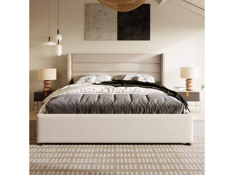  Lit double adulte 160x200 cm, lit coffre hydraulique, tête de lit capitonnée en 3 panneaux, tissu en lin, beige  - Conforama D