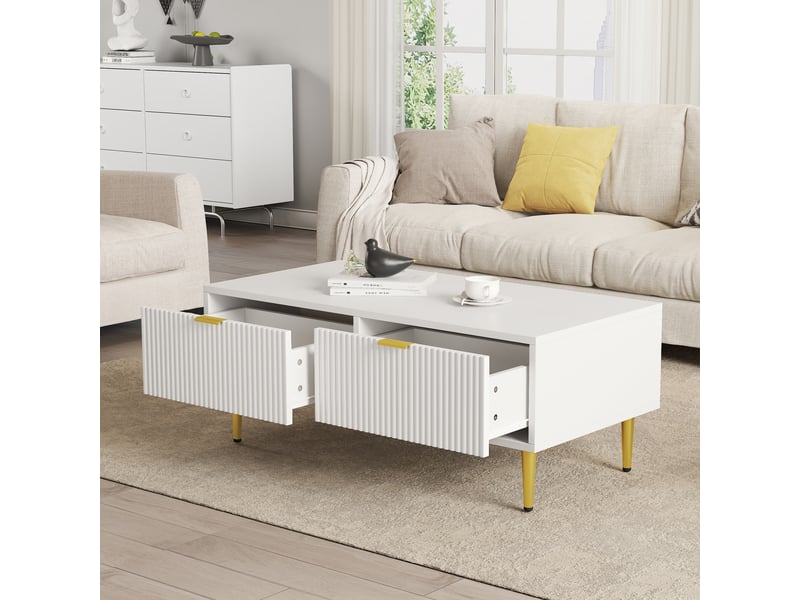  Table basse blanche et or avec 2 tiroirs 100x50x40 cm - design à rayures verticales  - Conforama W