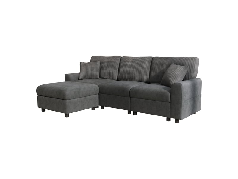  Canapé 4 places gris avec pouf, canapé moderne en chenille et velours côtelé avec ports usb et usb-c, largeur 223 cm  - Conforama W