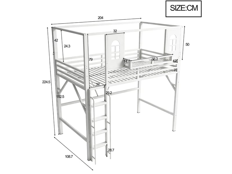  Lit mezzanine enfant 90 x 200 cm en métal, toit cabane avec fenêtres, échelle sécurisée, rangement, blanc evarich - Conforama C