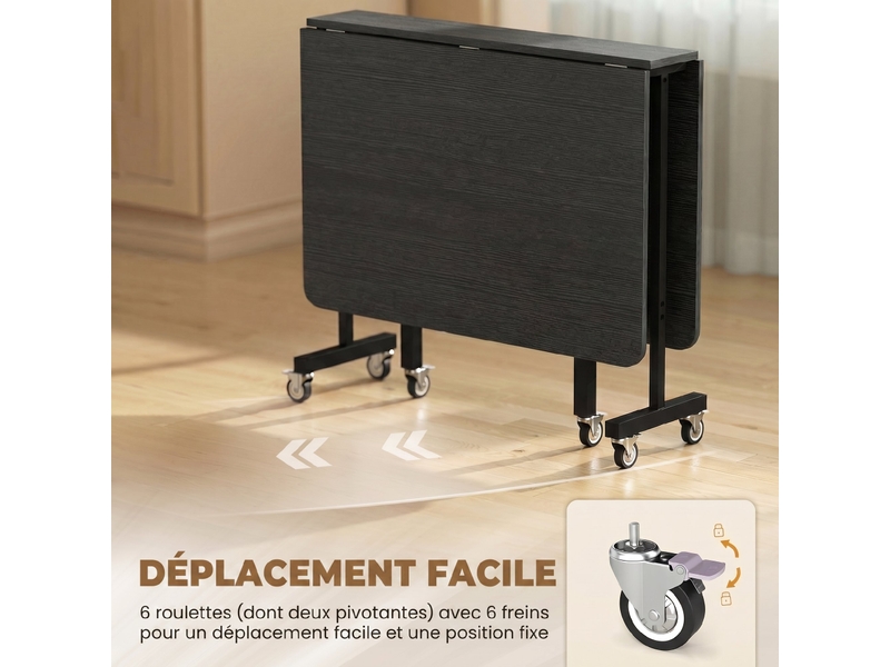  Table à manger pliante sur roulettes pour 4-6 personnes 120 cm, roues avec freins, 2 abattants, industriel, noir  - Conforama R