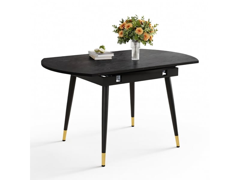  Table à manger extensible moderne se transformant de ronde à ovale en mdf noir ou noyer avec accents dorés sur pieds métalliques gain de place  - Conforama A