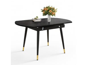 Table à manger extensible moderne se transformant de ronde à ovale en mdf noir ou noyer avec accents dorés sur pieds métalliques gain de place