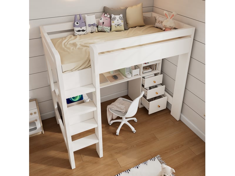 Lit mezzanine enfant 90x200 cm avec bureau en l, rangements et prises usb, blanc - Conforama B
