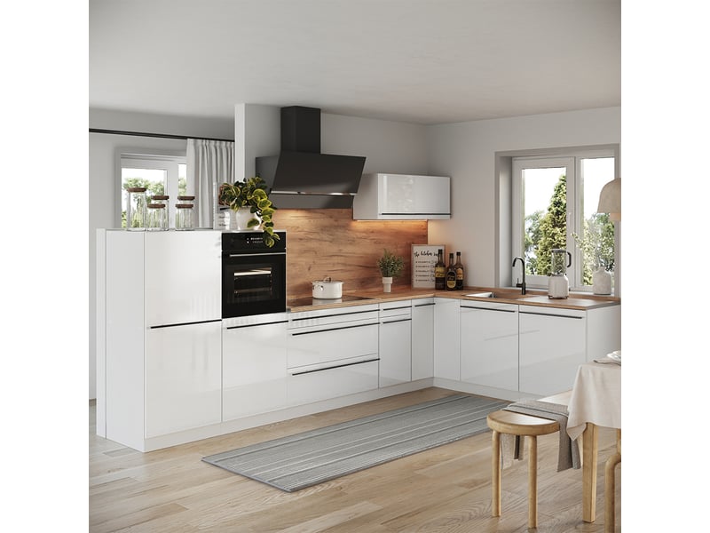 Vicco cuisine en angle, blanc haute brillanceblanc, 347 x cm plan de travail chêne doré - Conforama C