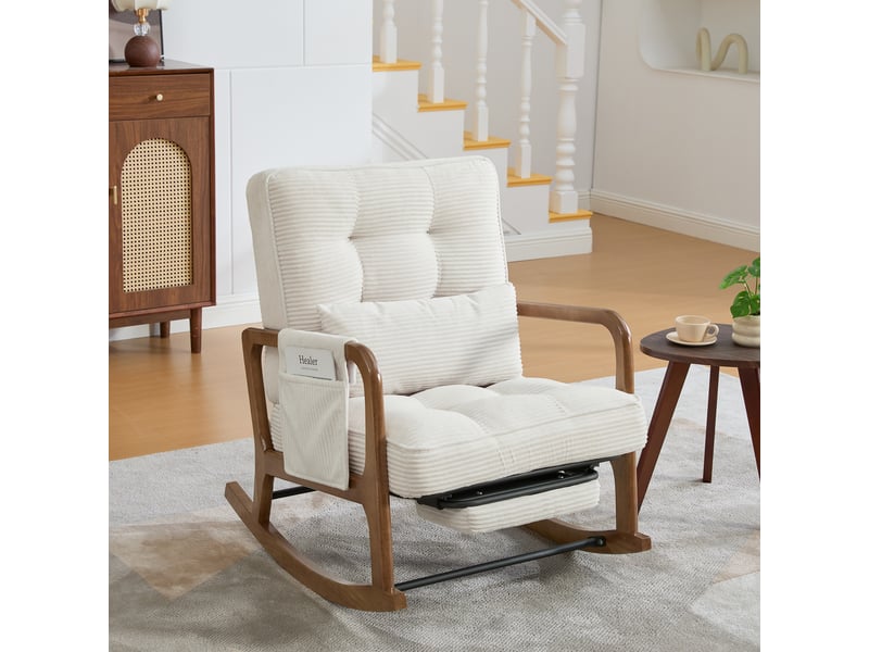 Fauteuil à bascule avec repose-pieds rétractable, dossier réglable et poche latérale en velours côtelé beige - Conforama C
