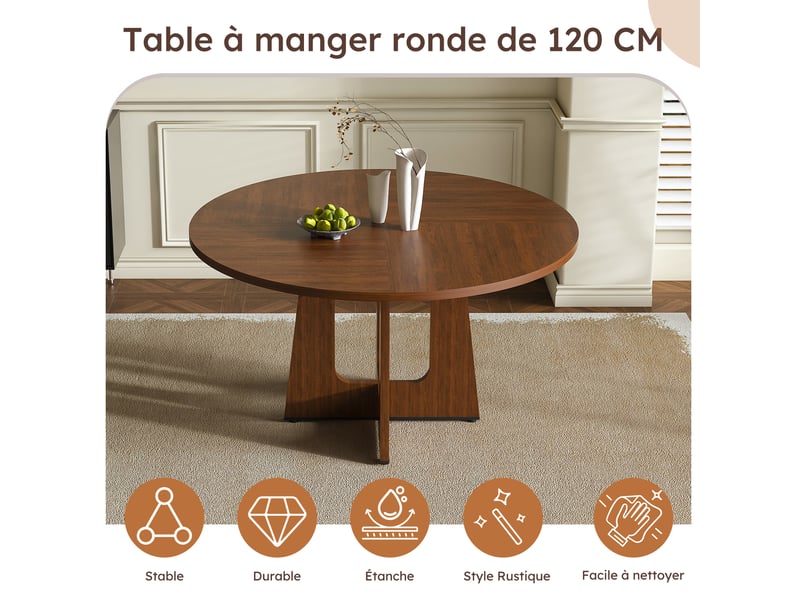  Table à manger ronde modulable ø120x76 cm pour 4 personnes, style mid-century, finition noyer pour cuisine salon, mdf, noyer Sol Morn - Conforama E