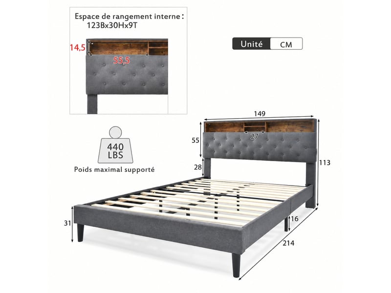  Lit double rembourré 140 x 200 cm avec tête de lit rangement et led gris  - Conforama C
