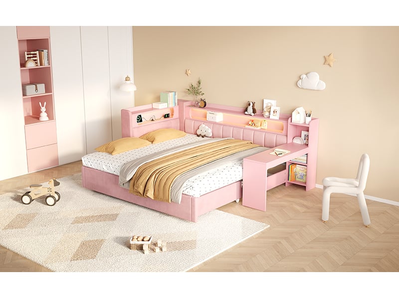  Lit banquette extensible 90 à 180 × 200 cm, bureau intégré, led et connexion usb, dossier rembourré en lin, rose  - Conforama B