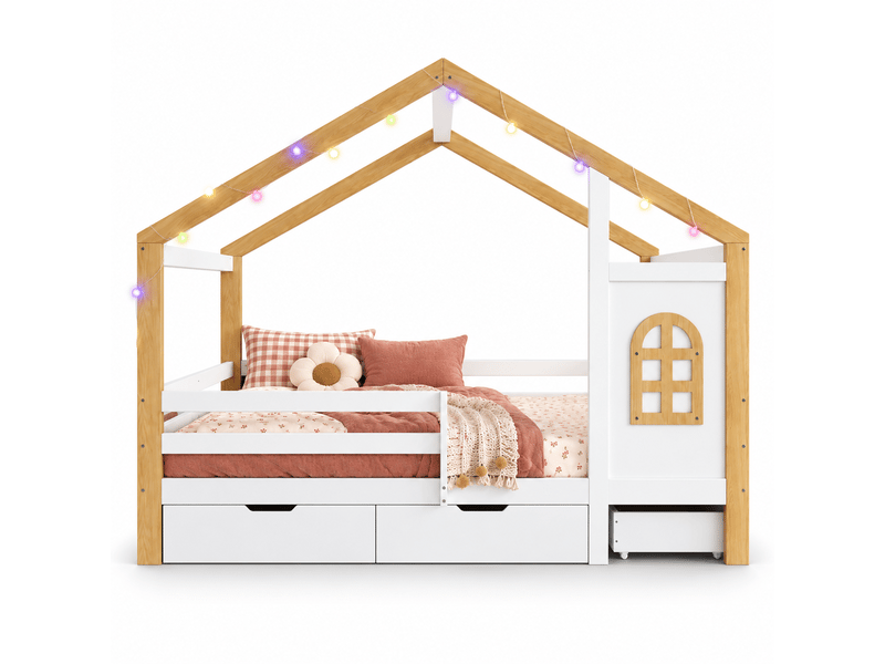  Lit cabane 120x200cm, 3 tiroirs, barrières et fenêtre décorative, guirlande lumineuse, pin et mdf, blanc et naturel OMNIGLINT TRADING LTD - Conforama A