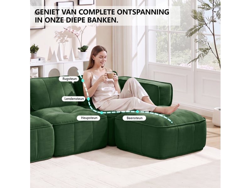  Canapé modulable 2 places avec 2 poufs, en polyester vert  - Conforama D