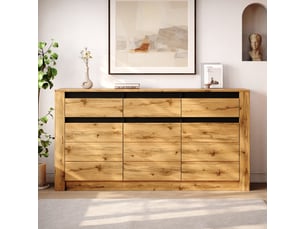 Buffet compacts 140x35x70cm, meuble bas avec 3 tiroirs et 3 portes, idéal salon ou couloir bois clair