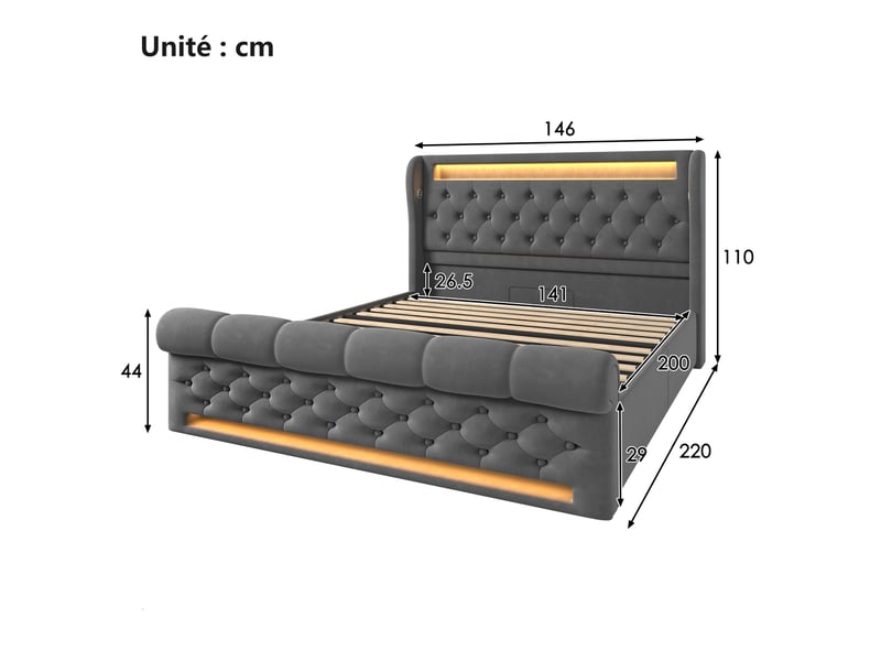  Lit coffre 140x200 cm - lit double avec rangement, led rgb et prises usbtype-c, en velours gris - sans matelas  - Conforama C