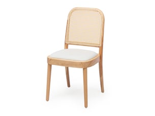 Lot de 4 chaises de salle à manger en tissu beige et bois clair, dossier en paille, style design moderne