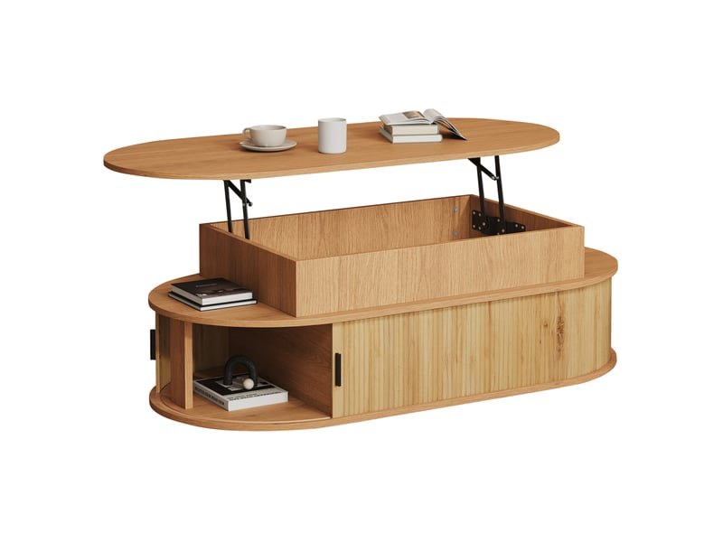 Table basse ovale relevable 100x50x40 cm avec rangement, en mdf, aspect noyer - Conforama A