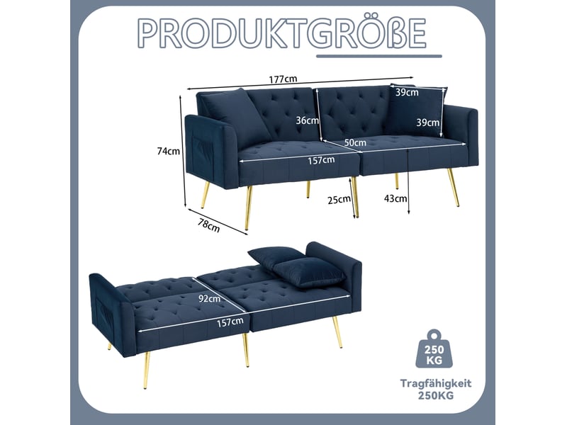  Canapé convertible 2 places 177x78x74 cm bleu en velours, dossier réglable 3 positions et 2 coussins  - Conforama C