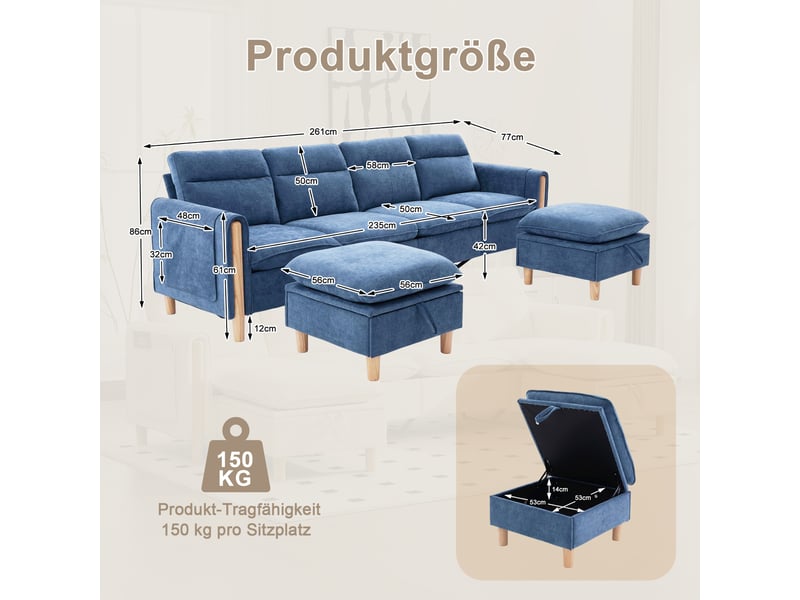  Grand canapé en u avec 2 poufs à rangement, modulable 4 places, pieds en bois, chenille bleu  - Conforama C
