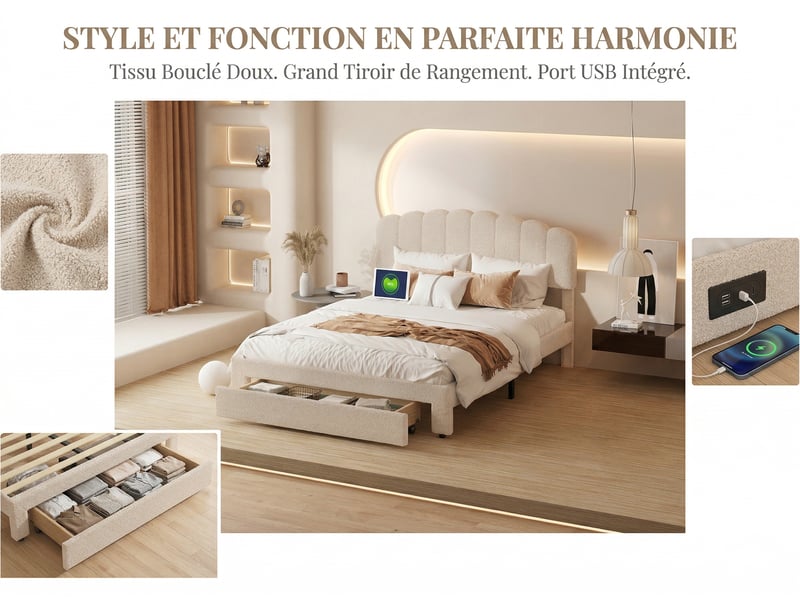  Lit 2 places 160 x 200 cm,beige - avec tiroirs, tête de lit ondulée et port usb  - Conforama D