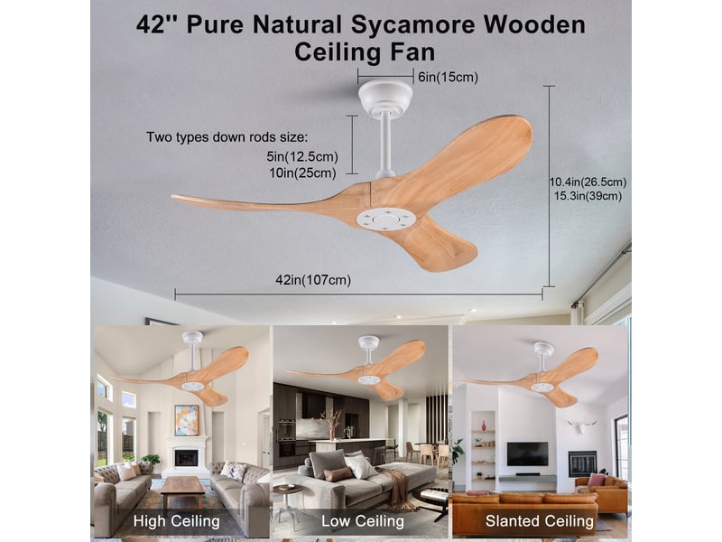  Ventilateur de plafond 42 avec 3 pales en bois, moteur dc silencieux, télécommande, fonction mémoire, réversible  - Conforama E
