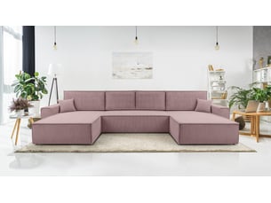 Canapé d'angle panoramique convertible <strong>AX LIVING </strong> <strong>Cedria U</strong> 5 places Velours côtelé rose avec coffre de rangement
