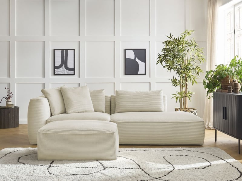  Bobochic canapé droit fixe 3 places leopold velours côtelé avec pouf beige  accoudoir gauche LEOPOLD - Conforama C