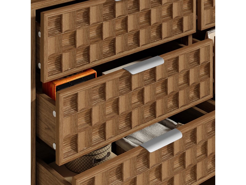  Buffet 6 tiroirs design milieu siècle, meuble rangement bois chêne optique, 120x37x77 cm, poignées métal courbé  - Conforama R
