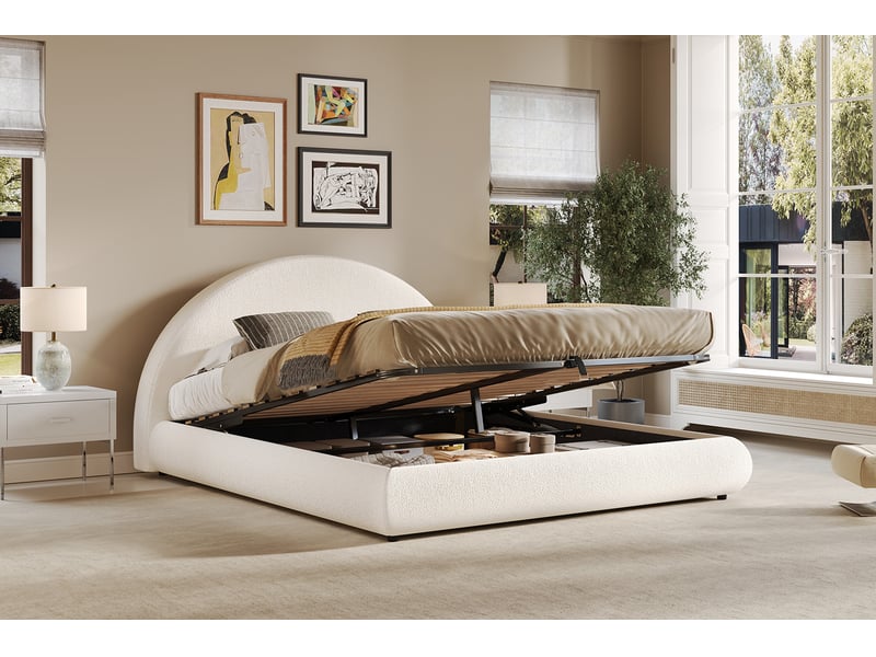  Lit double hydraulique 180 x 200 cm blanc bouclé avec sommier et rangement  - Conforama D