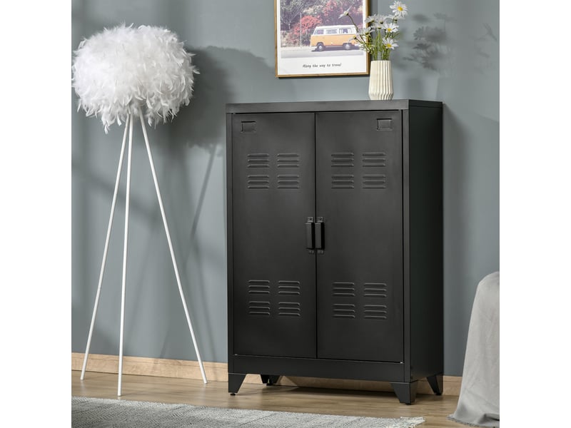  Armoire métallique 2 portes style industriel pour la maison et le garage, 75 x 33 x 110 cm, noire  - Conforama C