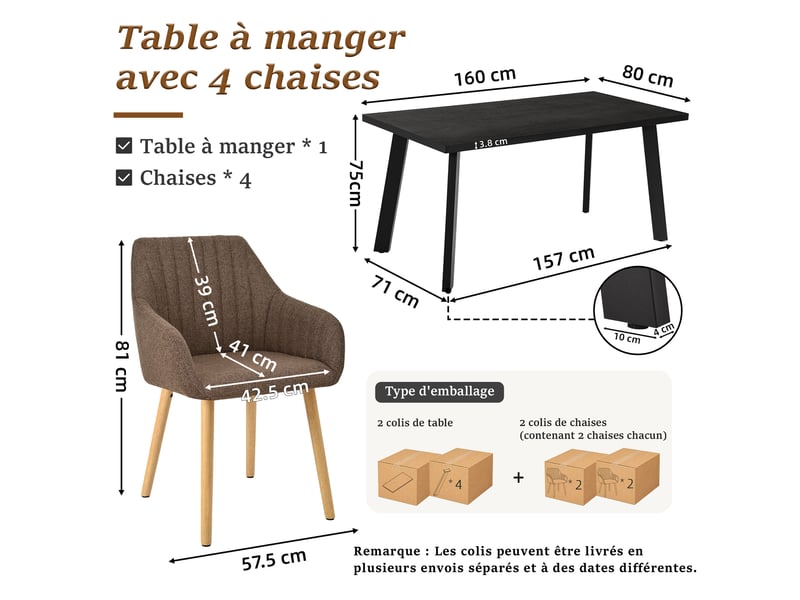  Ensemble table et 4 chaises - table rectangulaire 160x80 cm monobloc en chêne noir et pieds métal, 4 chaises en tissu marron moka et pieds bois  - Conforama C
