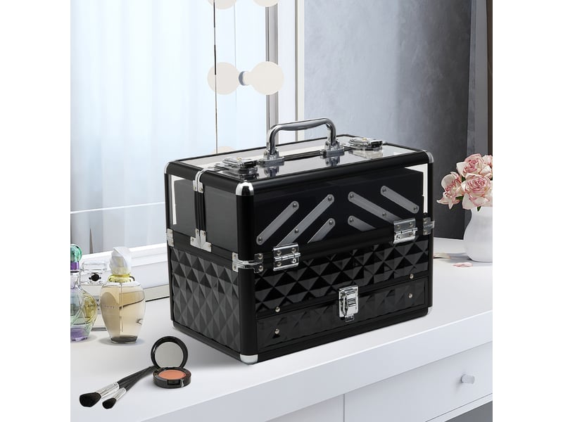  Trousse de maquillage &amp; bijoux portable multi-niveaux, alliage aluminium, poignée, plateaux dépliables, 30 x 18,5 x 22 cm, transparent noir  - Conforama C