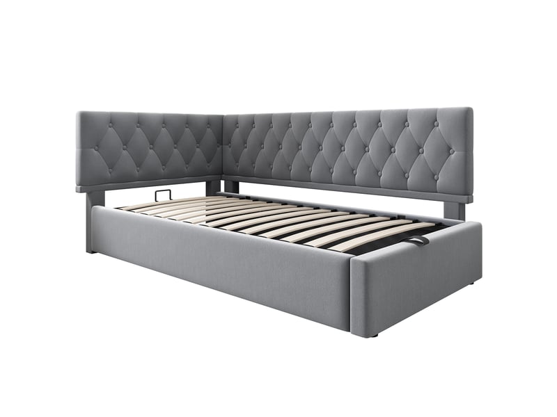Lit banquette coffre 90 x 200 cm, coffre à relevage hydraulique, dossier en l, dossier réversible, sommier à lattes, pour la chambre, velours, gris ABC - Conforama A