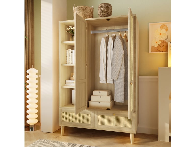 Armoire 2 portes avec étagères et 2 tiroirs, 120x50x180 cm, aspect chêne clair - Conforama C