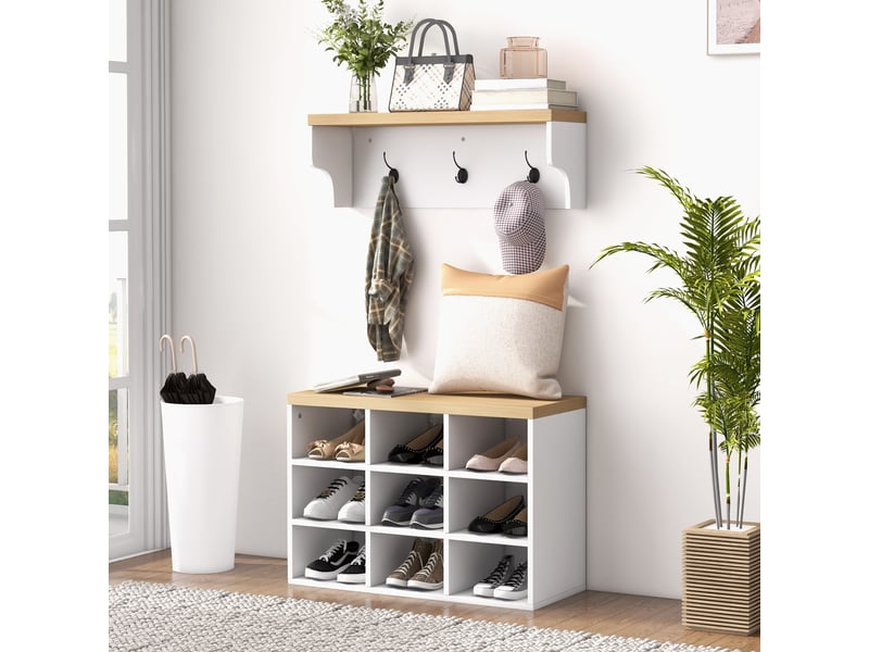  Meuble d'entrée avec porte-manteau et banc à chaussures, comprenant 3 crochets et des étagères pour 9 paires de chaussures, blanc.  - Conforama C