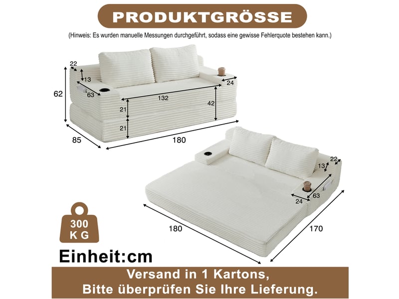  Canapé-lit 2-en-1 compressé 2 places couleur beige sans matelas, mousse, design simple  - Conforama C