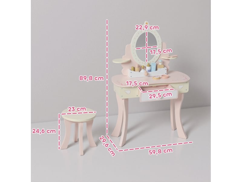  Coiffeuse enfant avec tabouret 59,8 x 29,6 x 89,8 cm - rose - miroir amovible et 7 accessoires  - Conforama B