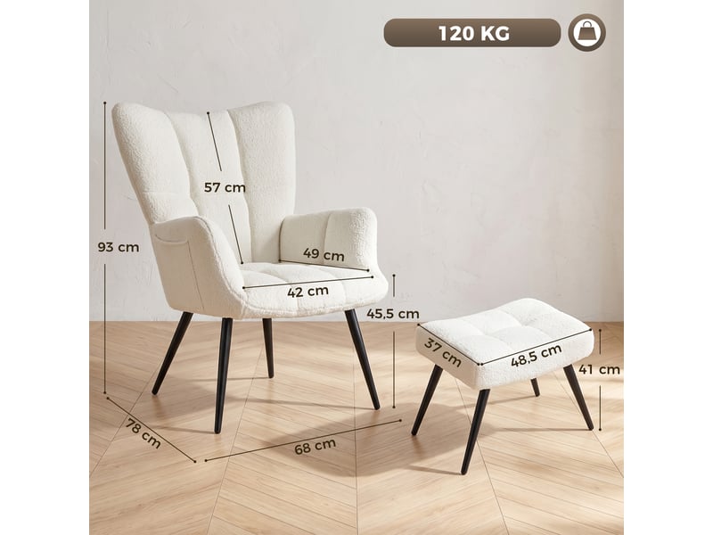 Fauteuil avec repose-pied en tissu teddy beige 78 x 68 x 93 cm  - Conforama C