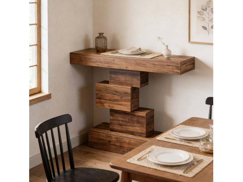  Table console avec base géométrique et structure de rangement, style rustique, pour entrée, 108 × 30 × 80 cm  - Conforama E