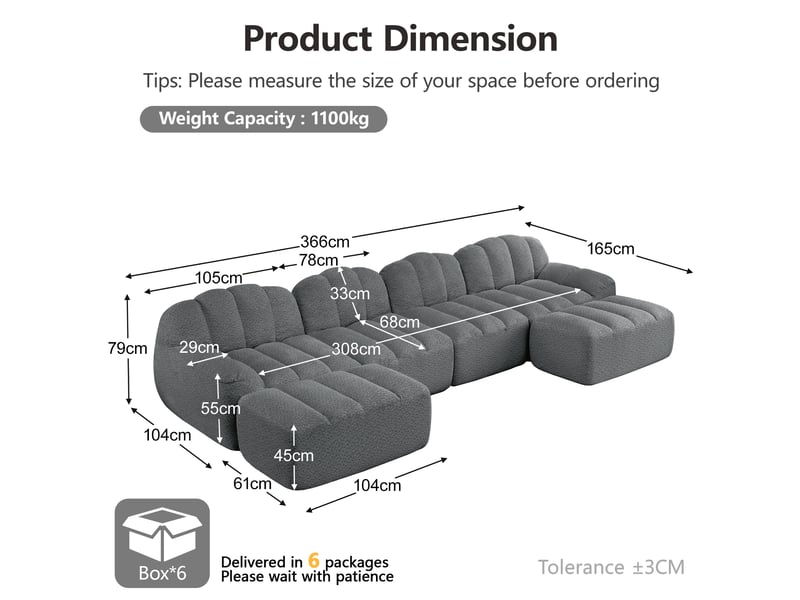  Canapé d'angle modulaire 4 places avec ottomans, assise profonde en polaire granuleuse gris  - Conforama E