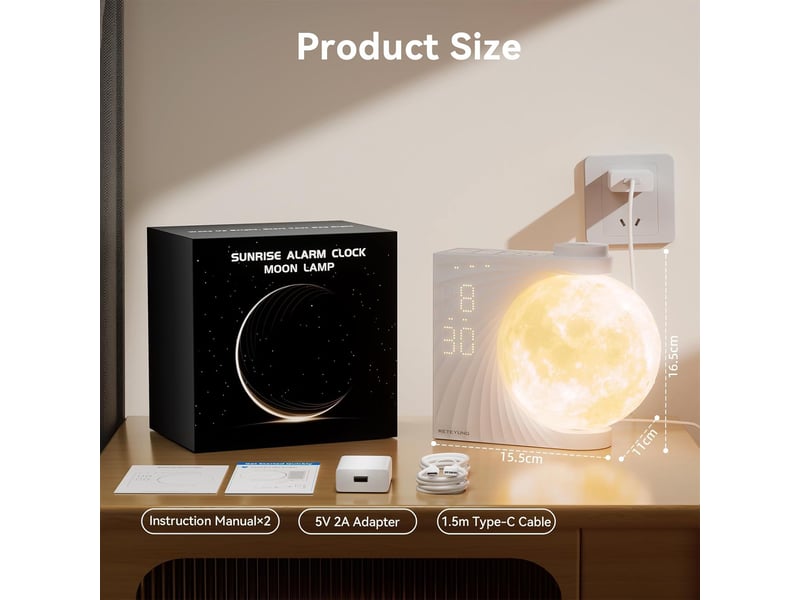 Lampe de lune avec réveil lumineux, 2 réveils, lumière lunaire rgb 8 couleurs, 10 sons naturels, veilleuse 3 niveaux de luminosité lampe de chevet - Conforama B