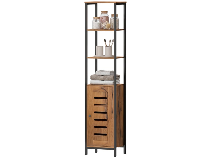 Meuble de salle de bain de style industriel avec colonnes, 3 étagères ouvertes, porte à lattes, étagères réglables, marron rustique - Conforama B