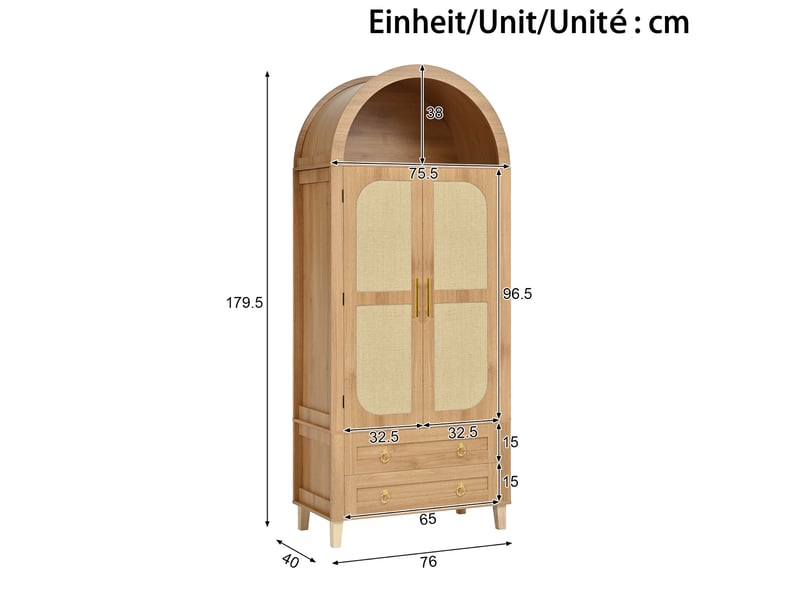  Buffet haut 76x40x179,5 cm avec niche ouverte en arc, éclairage led, 2 portes décor rotin et 2 tiroirs, mdf, naturel  - Conforama C