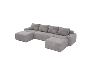 Canapé modulable 4 places 333x174x80 cm, assises généreuses, porte-gobelet incorporé, poche latérale, velours côtelé gris clair
