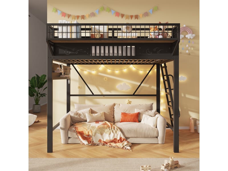  Lit mezzanine 140x200 cm, rangements, espace inférieur ouvert, structure métal, noir OMNIGLINT TRADING LTD - Conforama D