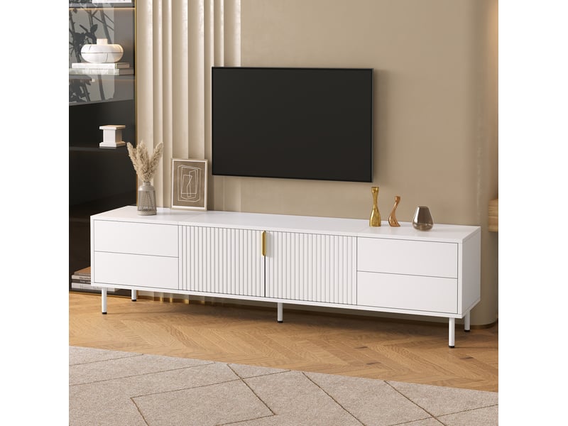 Meuble tv 180x40x49,5 cm avec 4 tiroirs et portes rainurées blanc - Conforama B