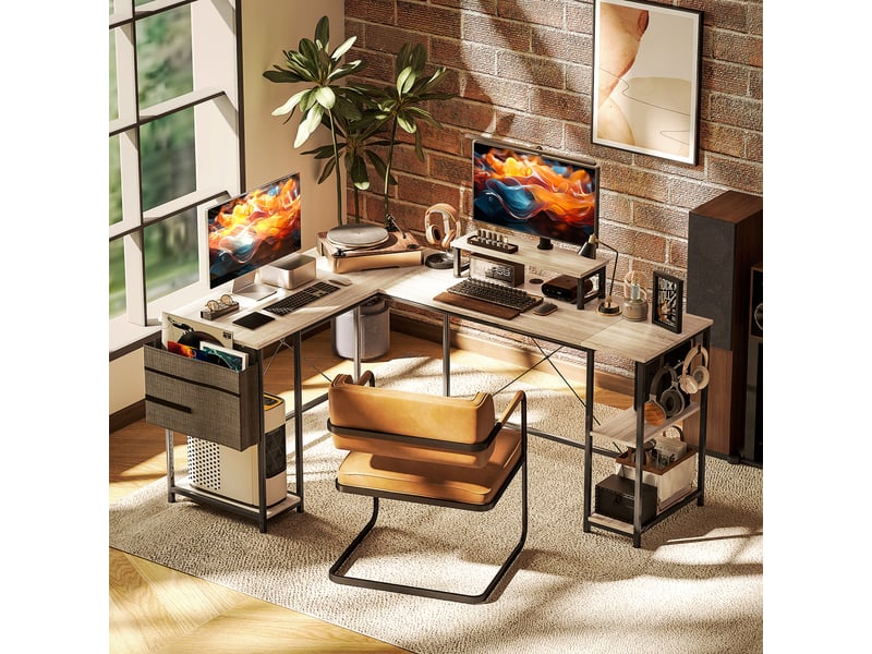 Bureau d'angle modulable réversible 168-240 cm style industriel - étagère réglable, sac de rangement, support d'écran - Conforama C