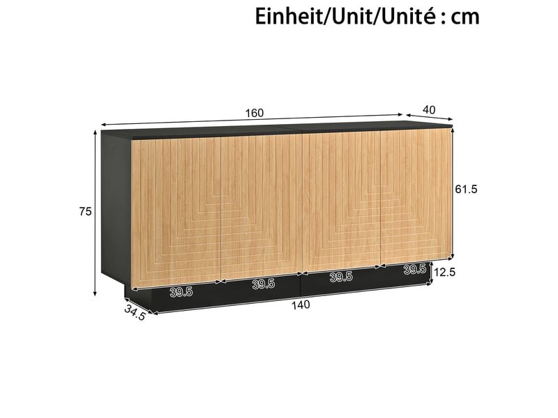  Buffet bas 4 portes 160x40x75 cm à façades structurées, finition naturelle  - Conforama E