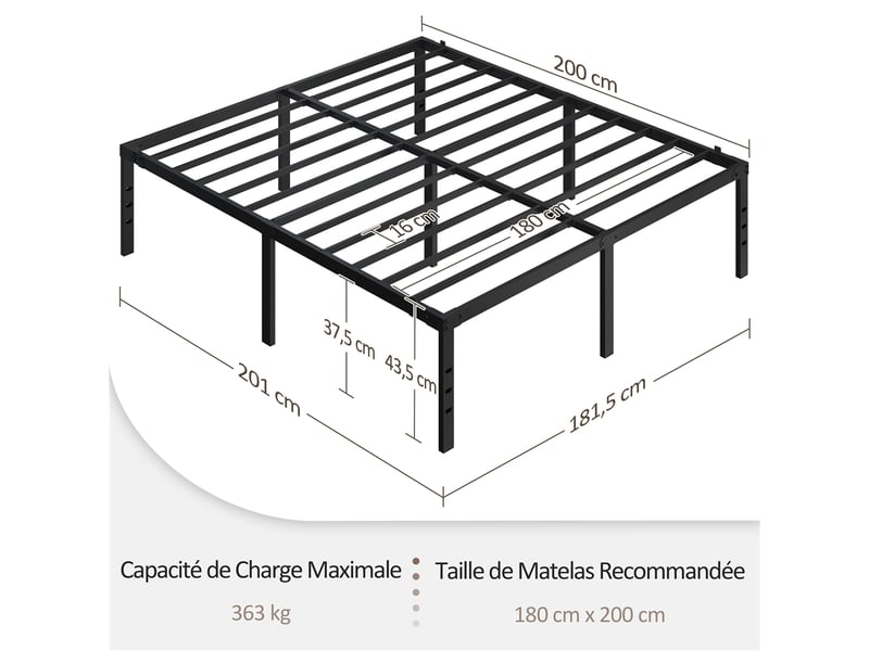  Cadre de lit métallique sans tête de lit 180x200 cm,support à lattes et espace rangement inférieur 615072 Black(180*200cm) - Conforama C